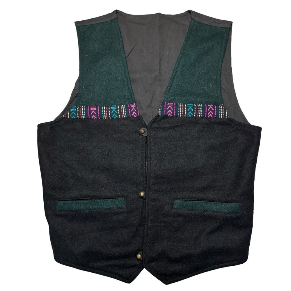 Vintage 100% Wool Vest Made In Nepal Lotus Buttons Southwestern Aztec Size Large